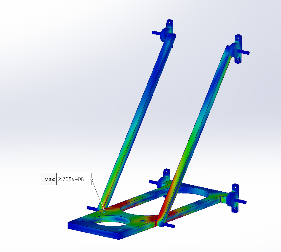 FEA that I conducted for the max stress on the platform, arms, and pins(SolidWorks)