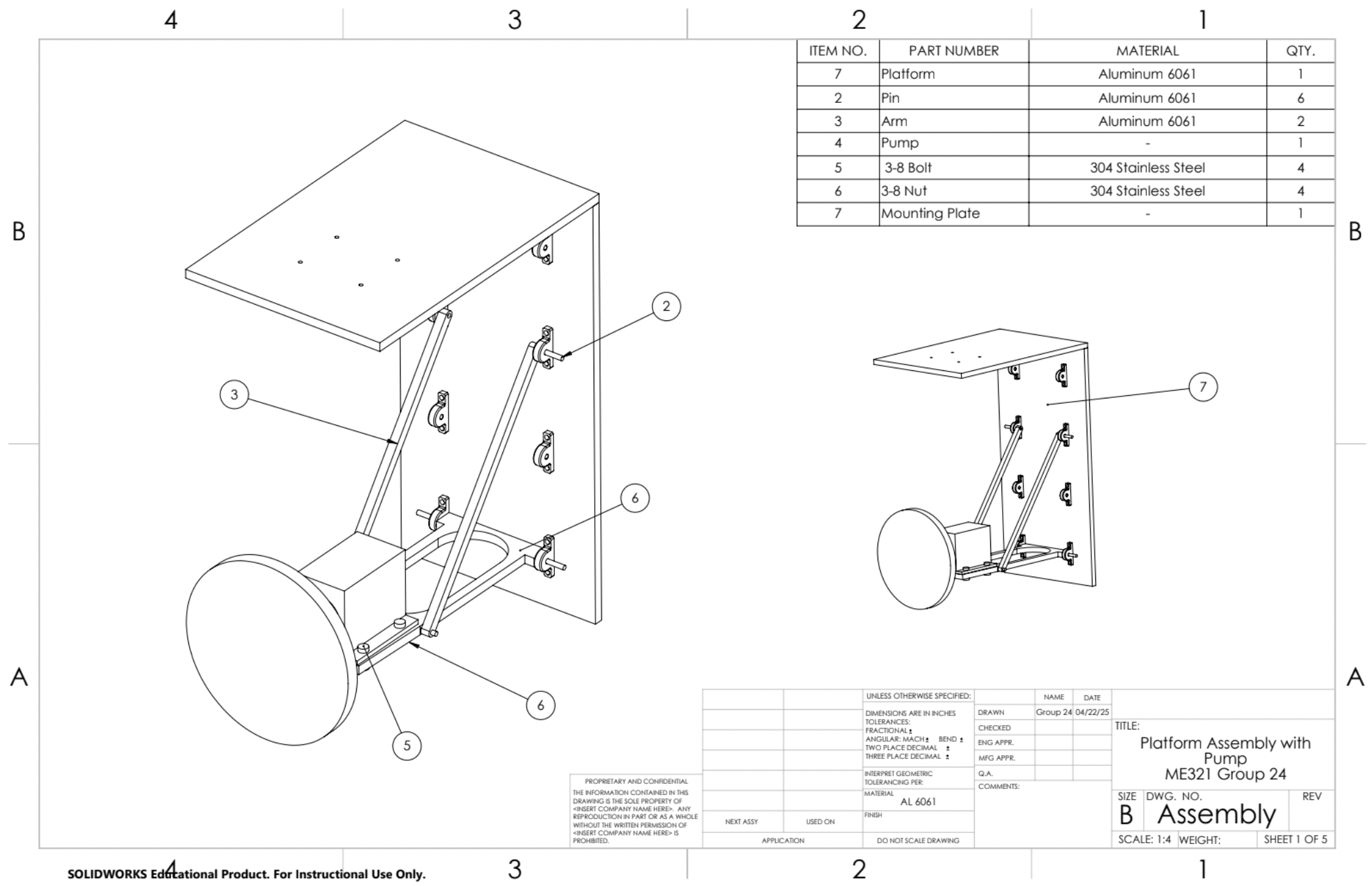 Technical drawings of the platform assembled into the pump-pulley system (SolidWorks)